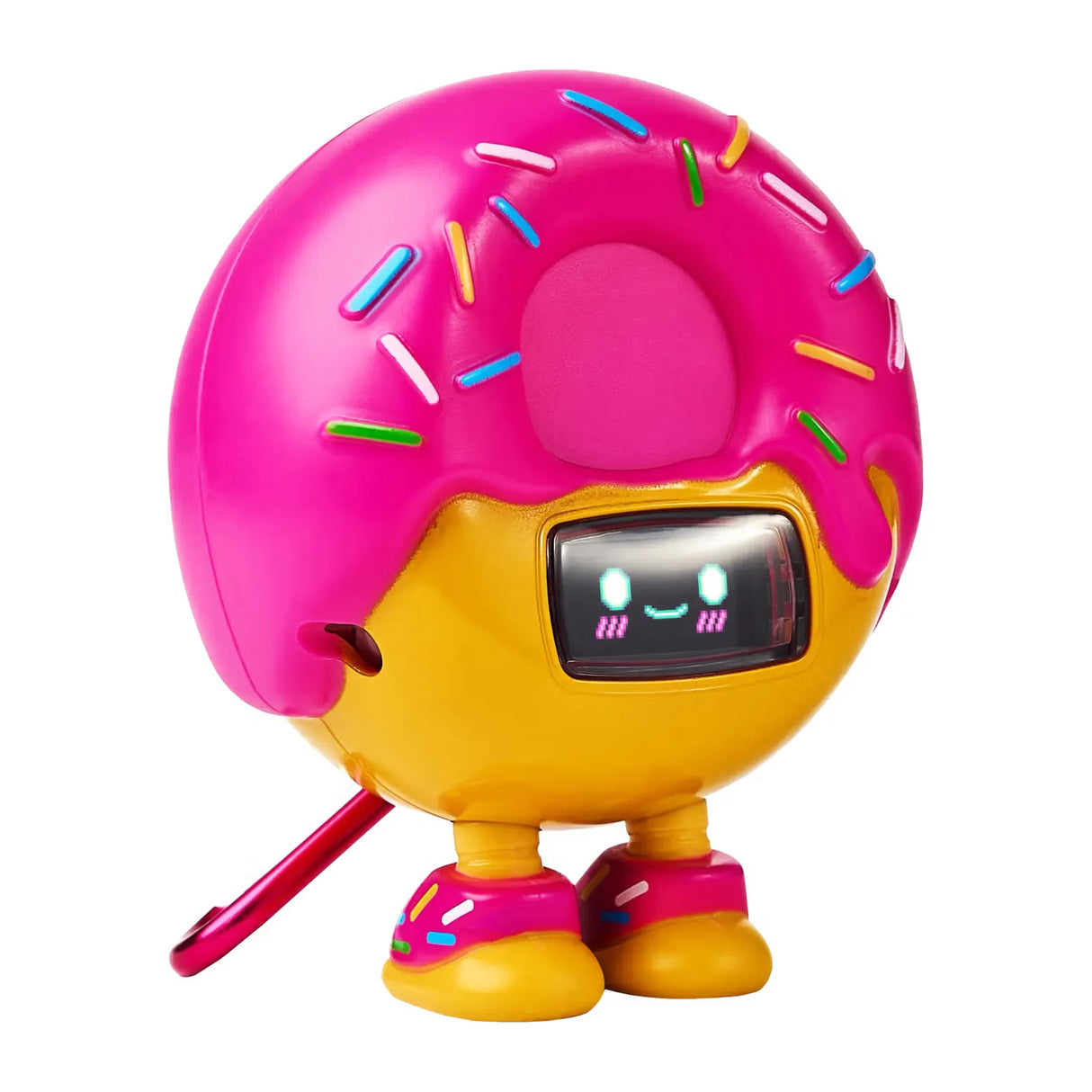 Ein gelber Donut-Roboter mit rosa Zuckerguss und bunten Streuseln, der ein lächelndes Gesicht auf einem Bildschirm zeigt