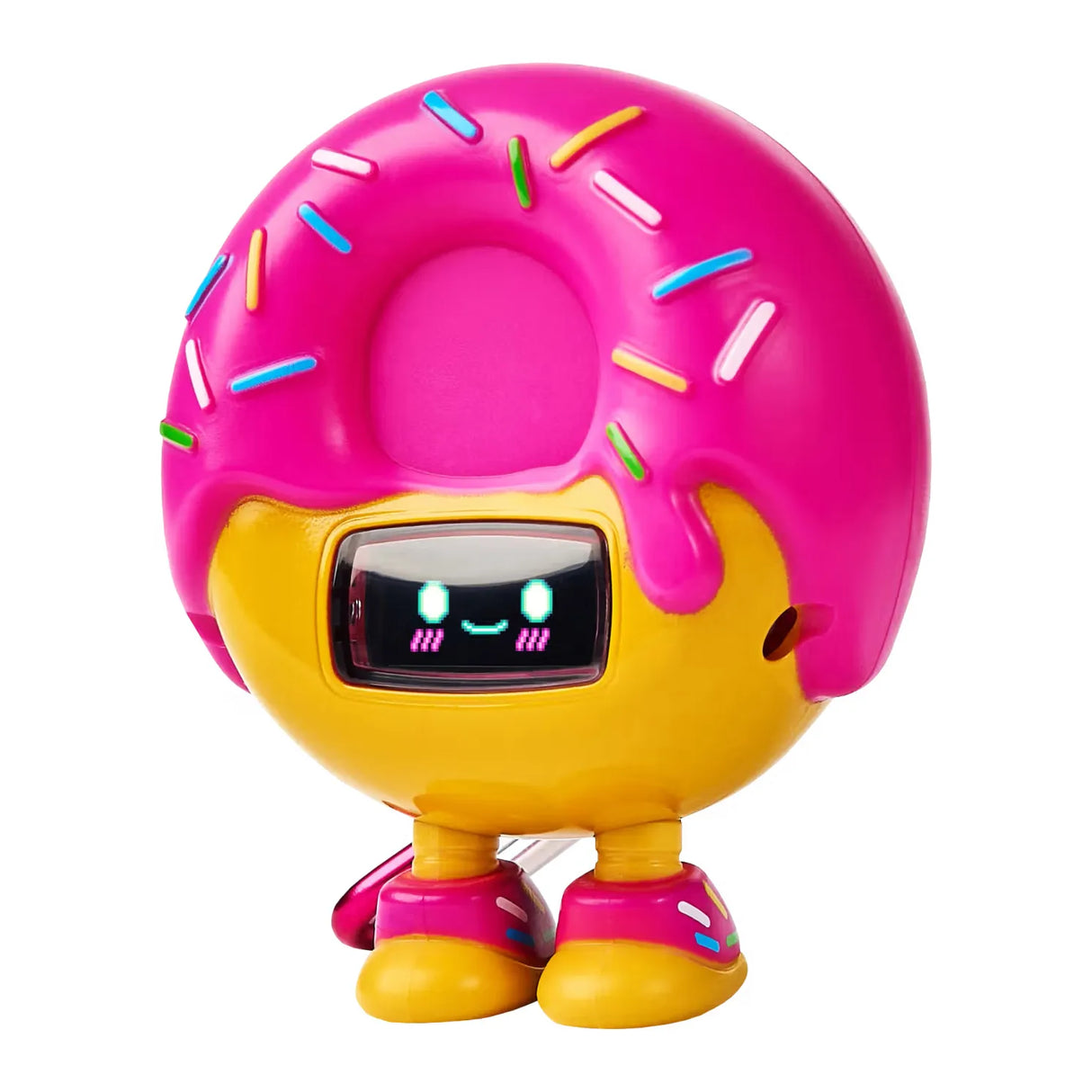Pinker Donut-Roboter mit gelbem Körper und bunten Streuseln