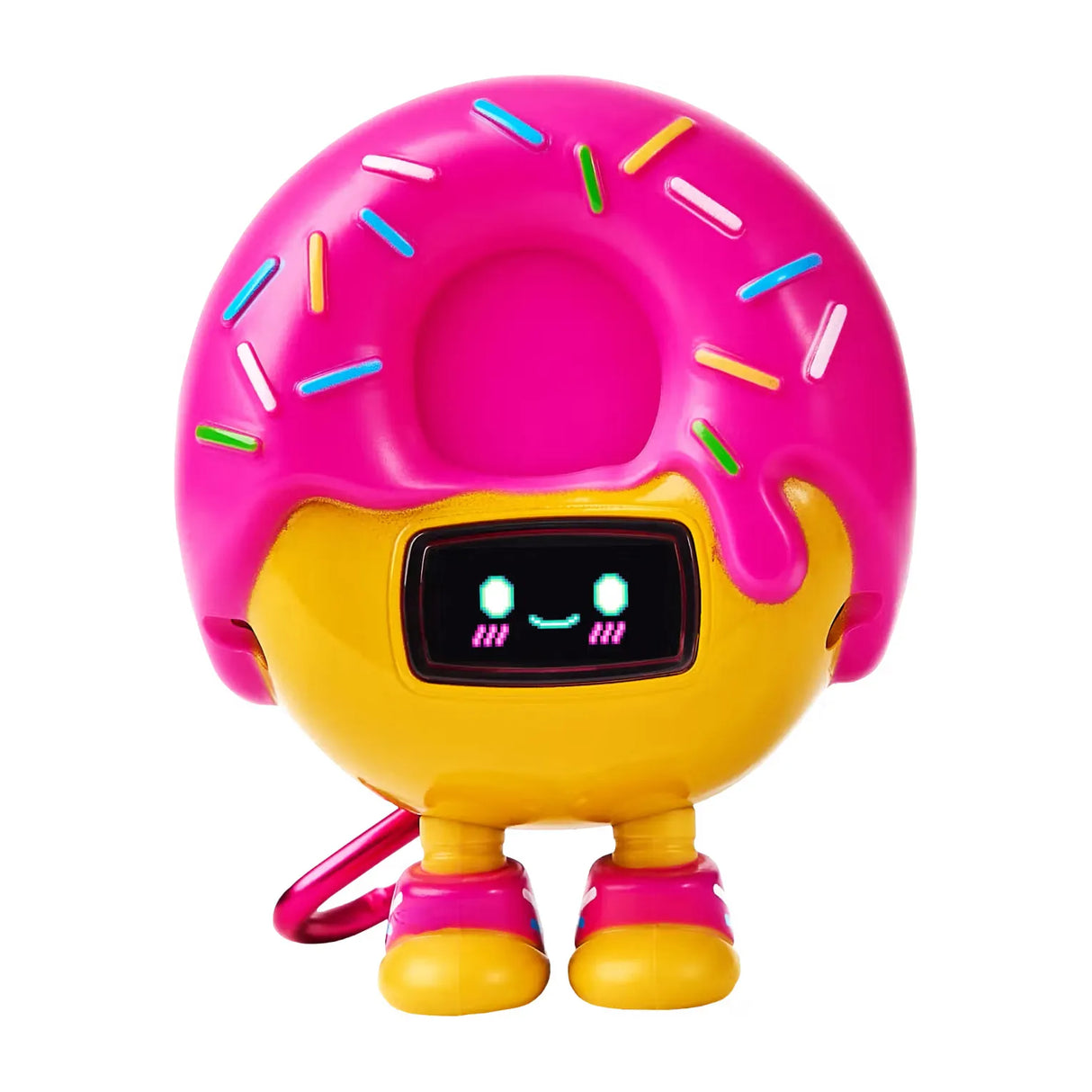 Gelber Donut-Roboter mit rosa Zuckerguss und bunten Streuseln, lächelndes Gesicht auf dem Bildschirm