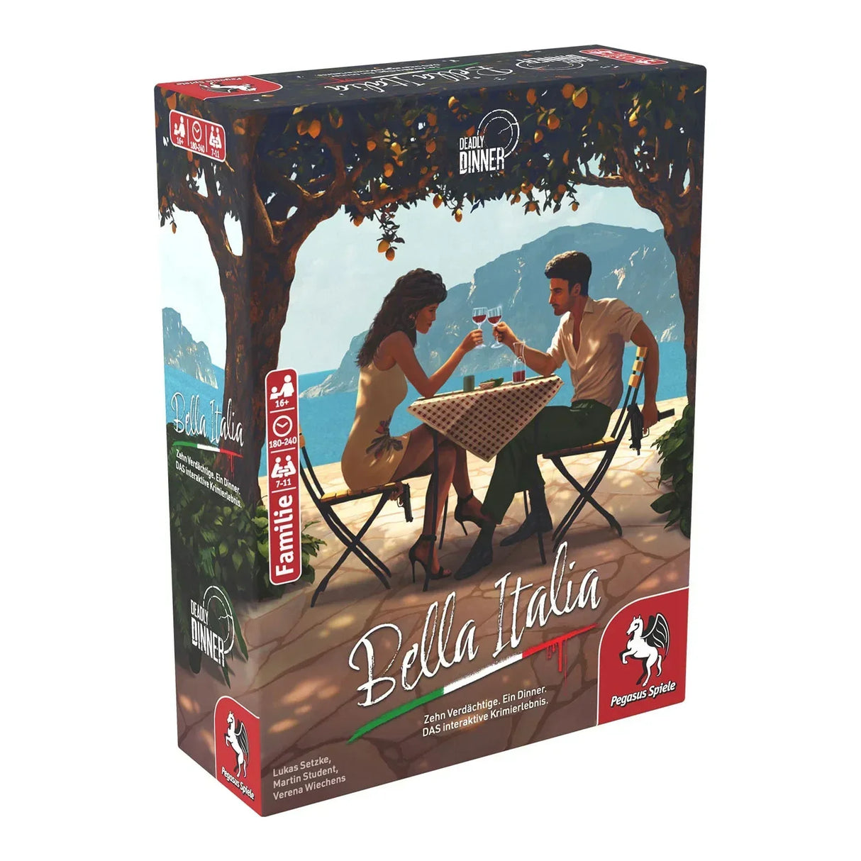 Spieleschachtel Deadly Dinner Bella Italia mit einem Paar an einem Tisch unter Zitronenbäumen vor einer Küstenkulisse