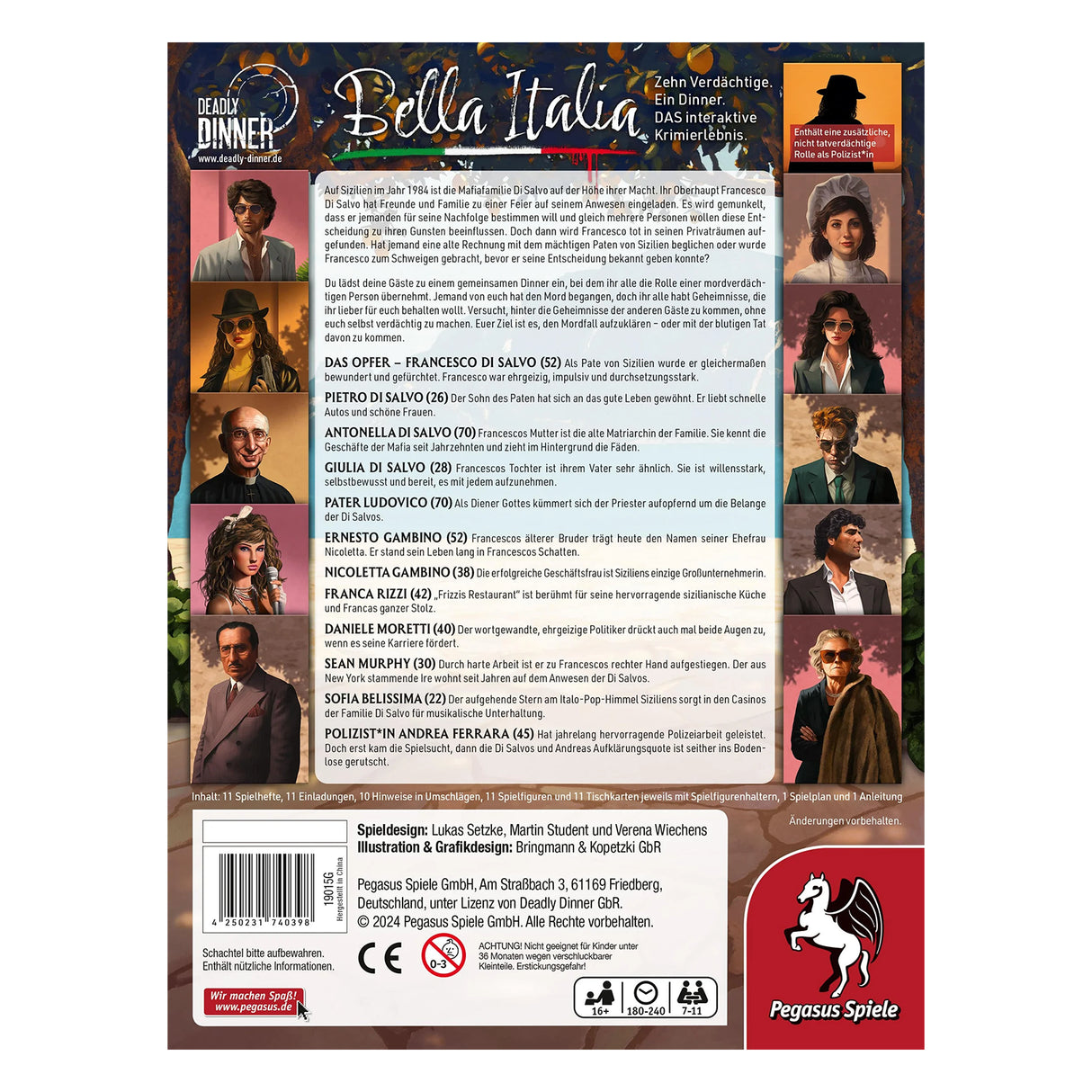 Rückseite der Spielverpackung Deadly Dinner Bella Italia mit Charakterporträts und Spielinformationen