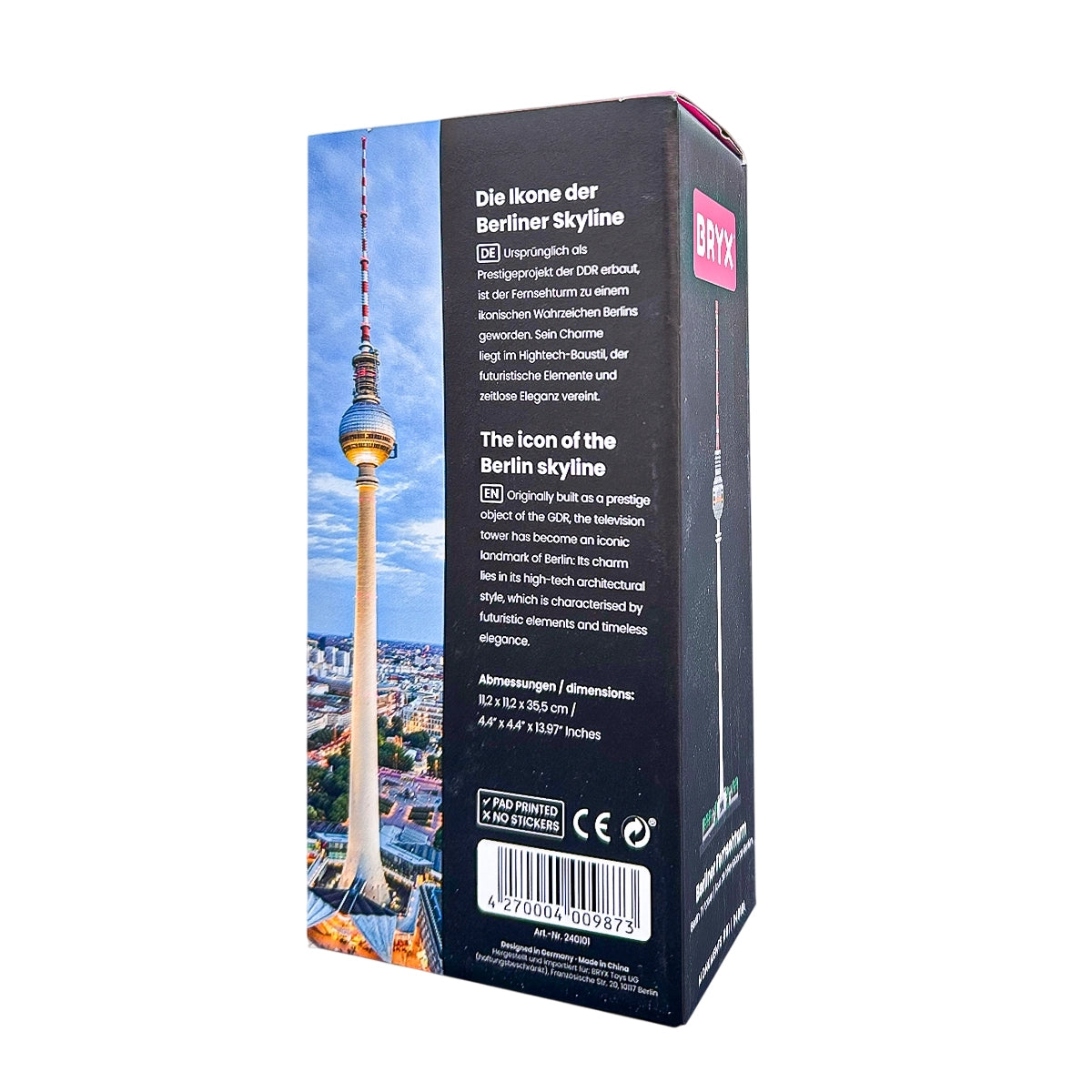 Verpackung der Berliner Skyline mit Abbildung des Fernsehturms und Produktinformationen