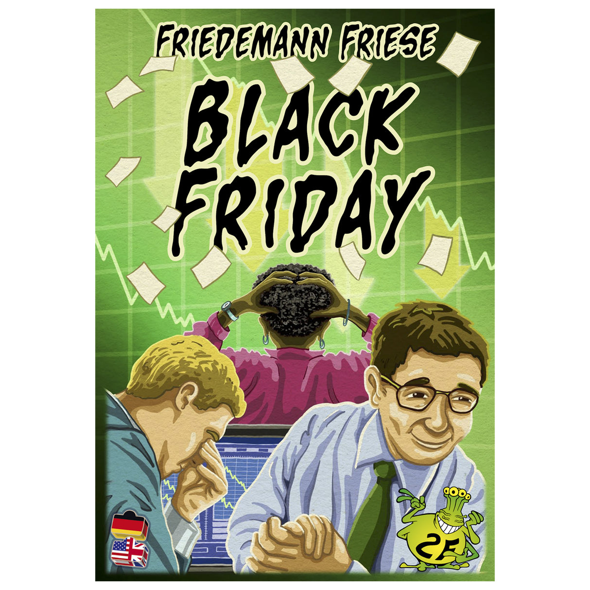Spielschachtel Black Friday mit drei Personen vor fallenden Börsenkurven