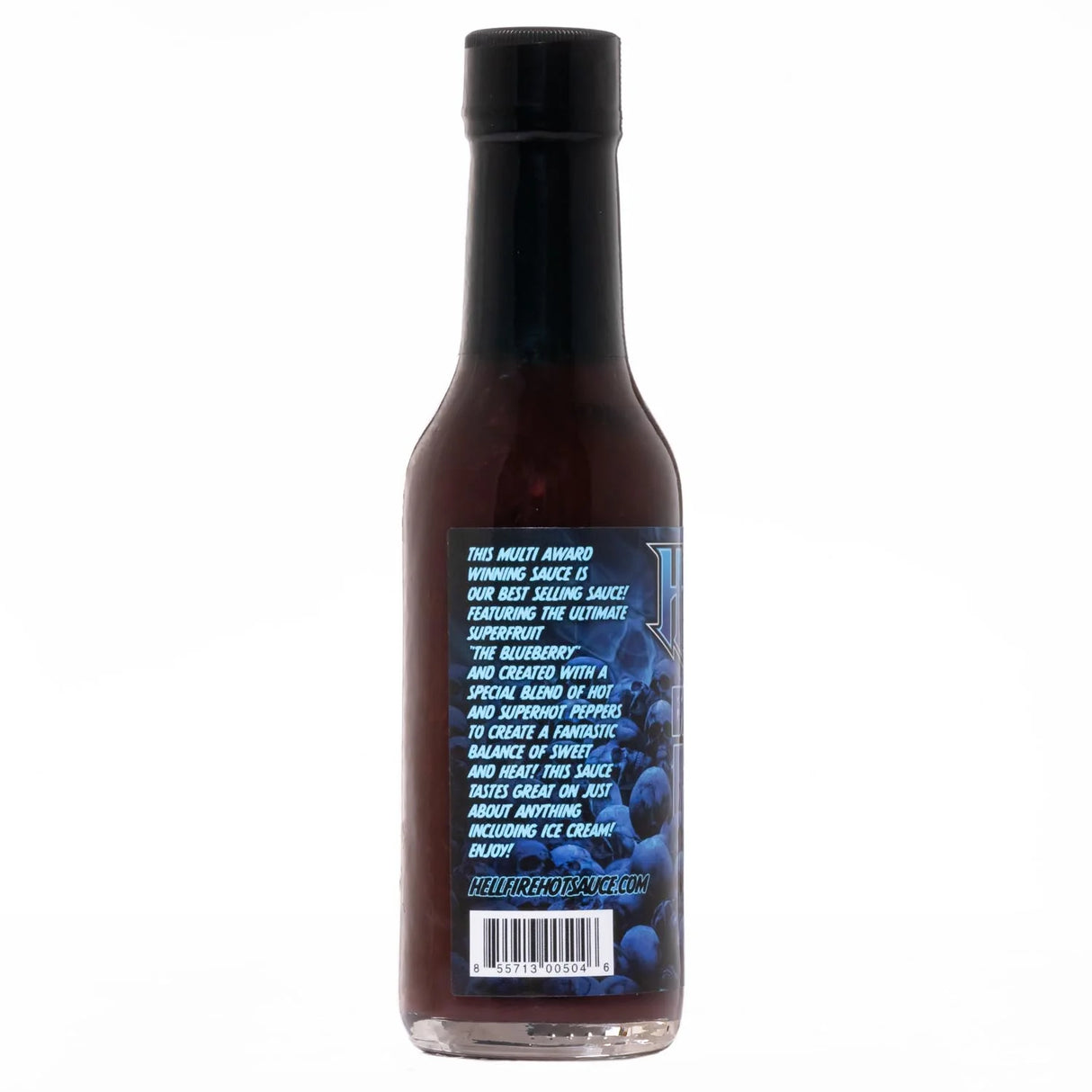 Rückseite der Hellfire Blueberry Hell Hot Sauce Flasche mit Etikett und Barcode