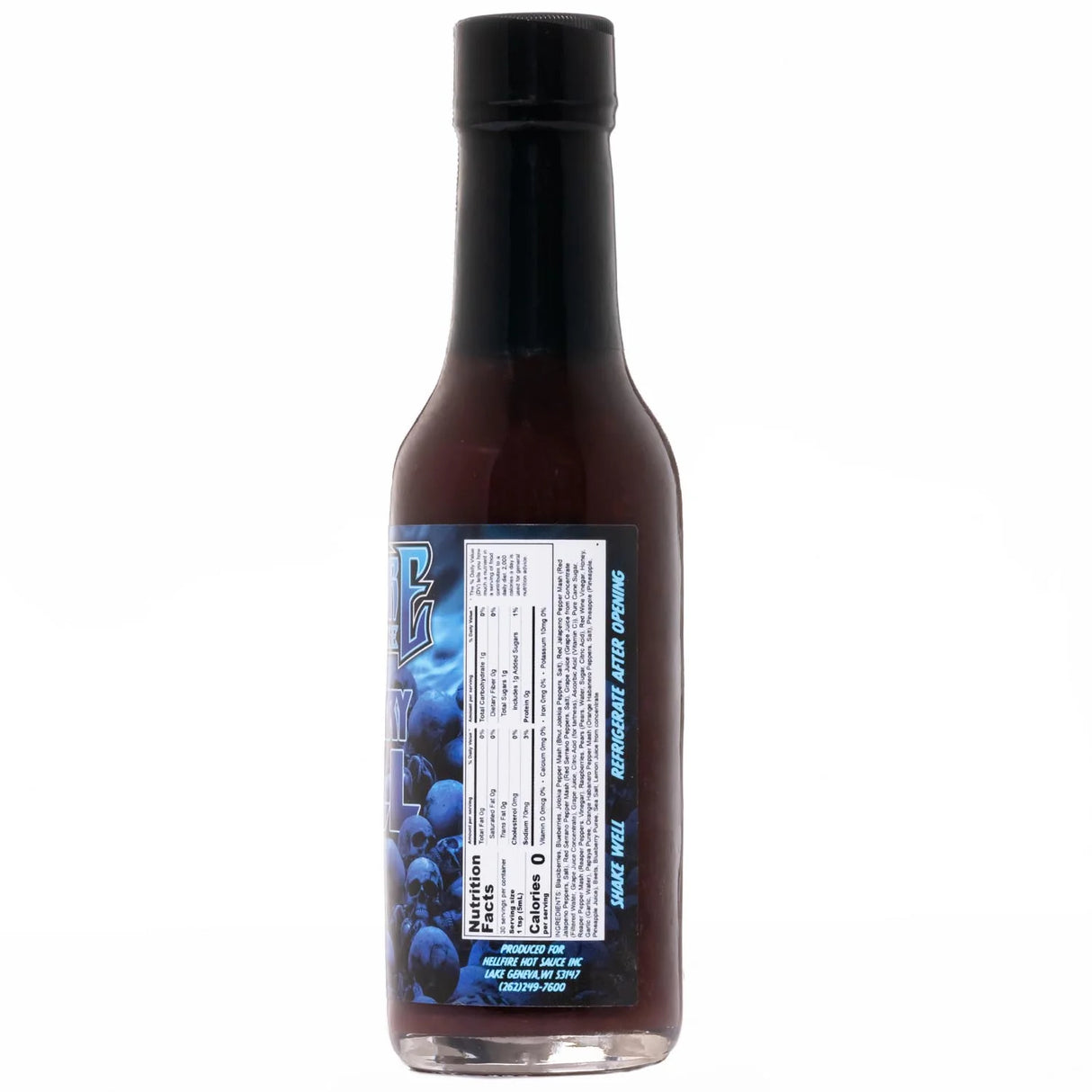 Rückseite einer Flasche Hellfire Blueberry Hell Hot Sauce mit Nährwertangaben und Zutatenliste