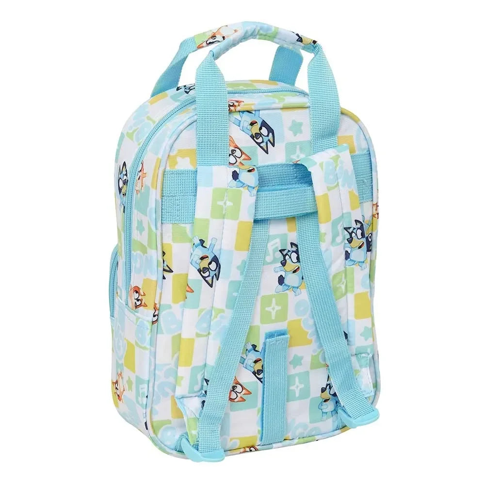 Blauer Rucksack mit Bluey- und Bingo-Figuren und kariertem Muster