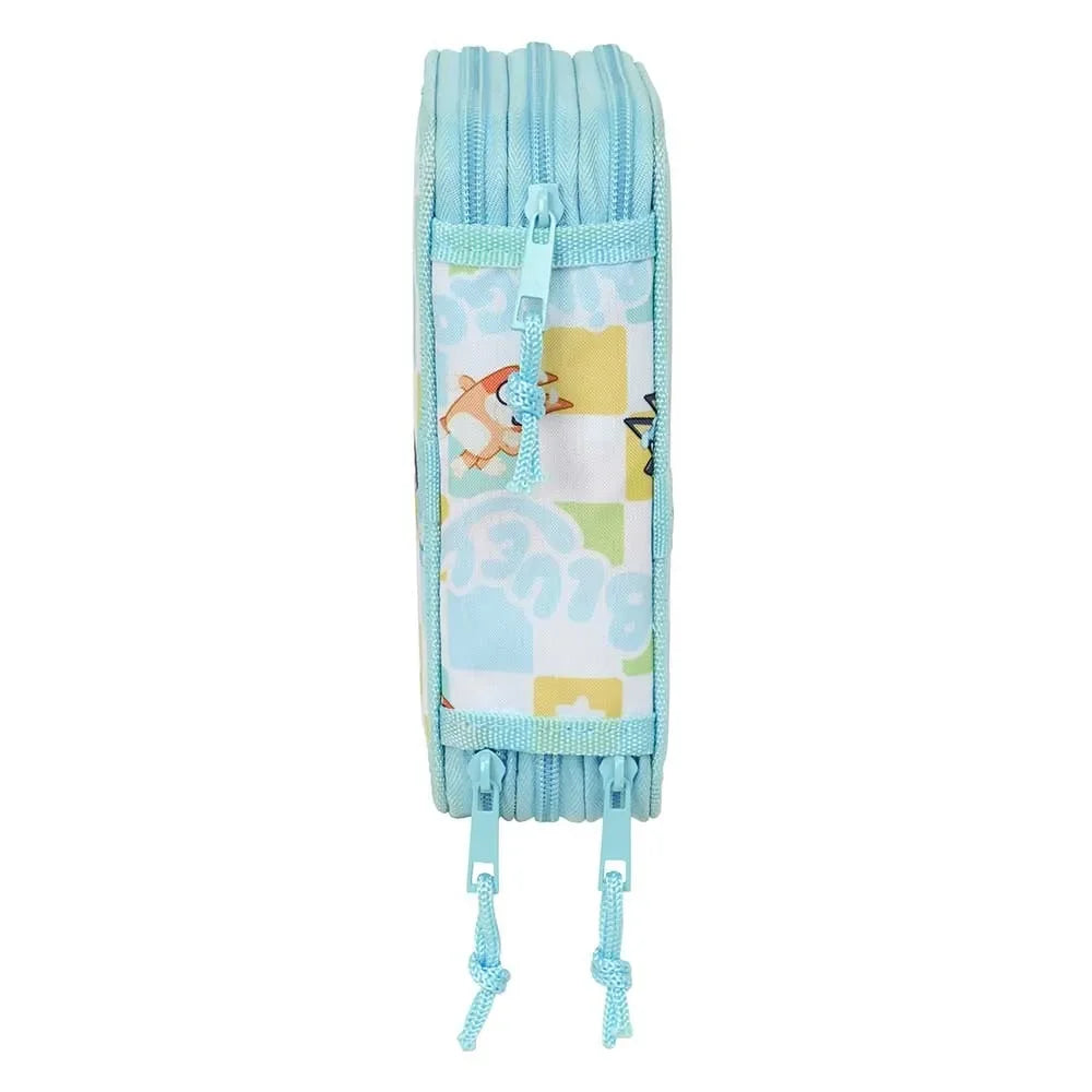 Hellblaue Federtasche mit Reißverschlüssen und Bluey-Muster
