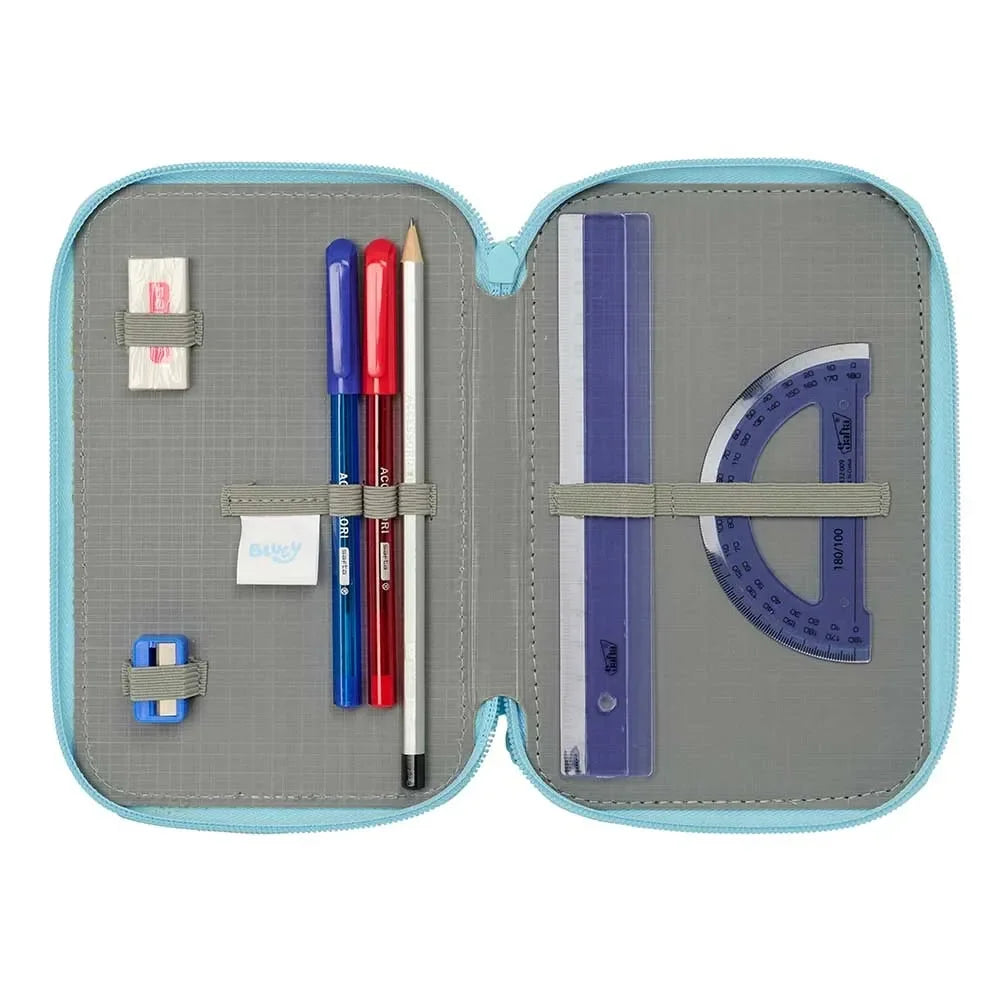 Offenes Federmäppchen mit Stiften, Bleistift, Radiergummi, Lineal und Winkelmesser