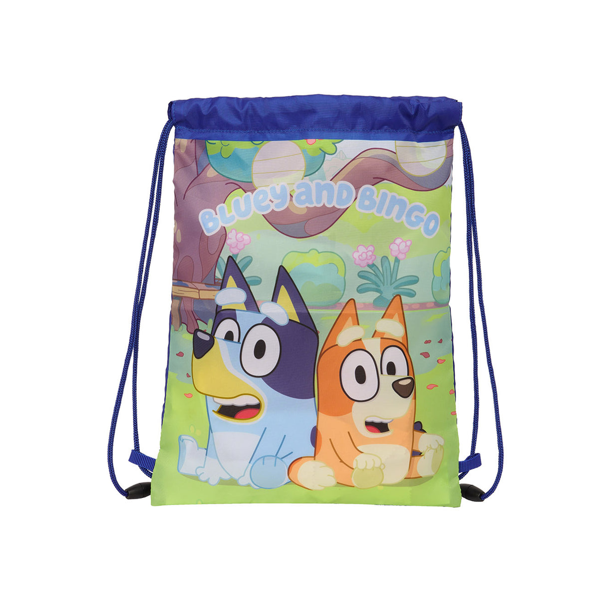 Blauer Turnbeutel mit Bluey und Bingo Motiv