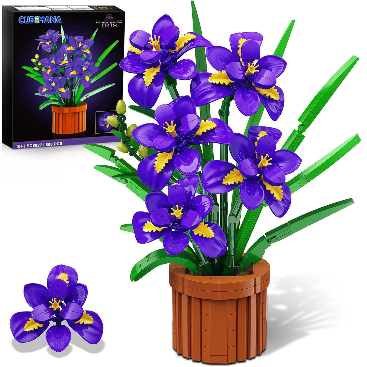 Lila Iris-Blumenstrauß aus Bausteinen in einem braunen Topf mit der Verpackung daneben