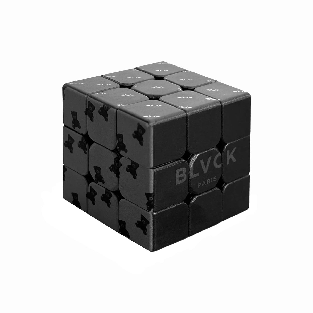 Schwarzer Rubikswürfel mit Bärensylvester und BLVCK PARIS Logo