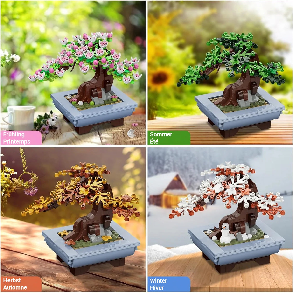 Vier Bilder eines LEGO Bonsai-Baums, der die vier Jahreszeiten darstellt