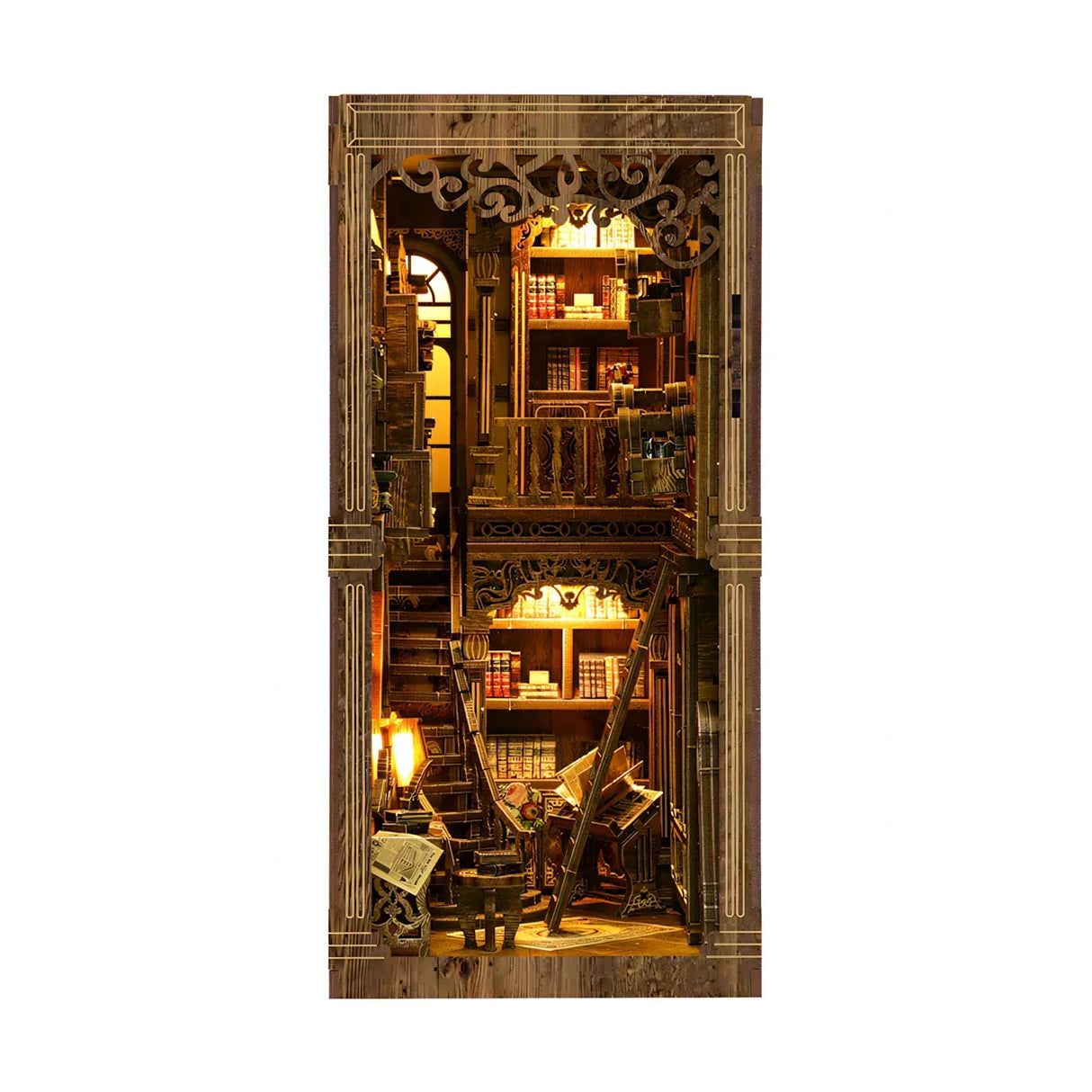 Miniatur-Bücherregal-Einsatz mit Treppen, Regalen voller Bücher und einer Leiter