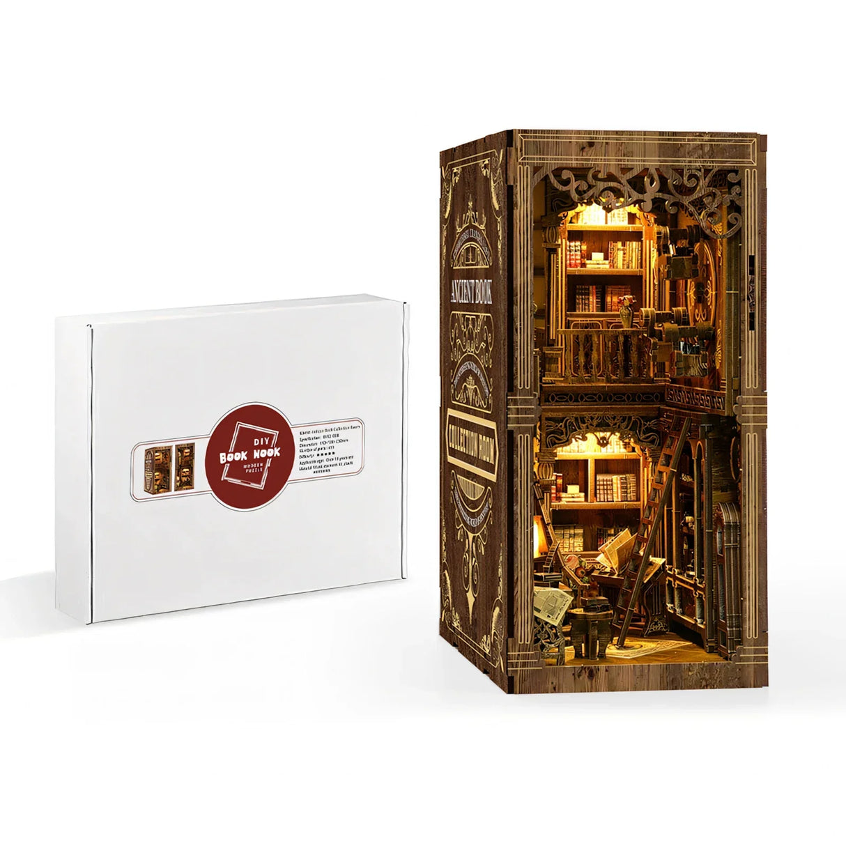 DIY Book Nook Puzzle Box neben einem fertigen Book Nook Modell