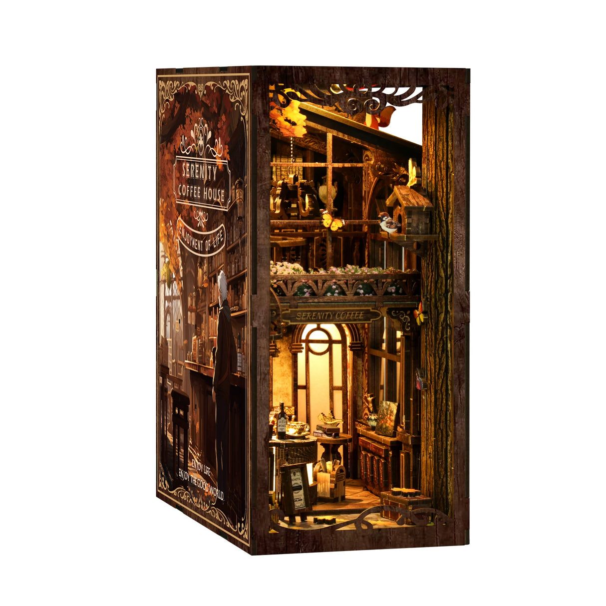 Miniatur-Diorama eines Serenity Coffee House mit drei Etagen und einem Baumstamm an der Seite