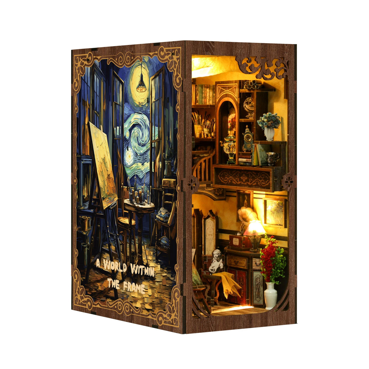 Ein Miniatur-Bücherregal mit einem Gemälde von Van Goghs Sternennacht und einem gemütlichen Zimmer