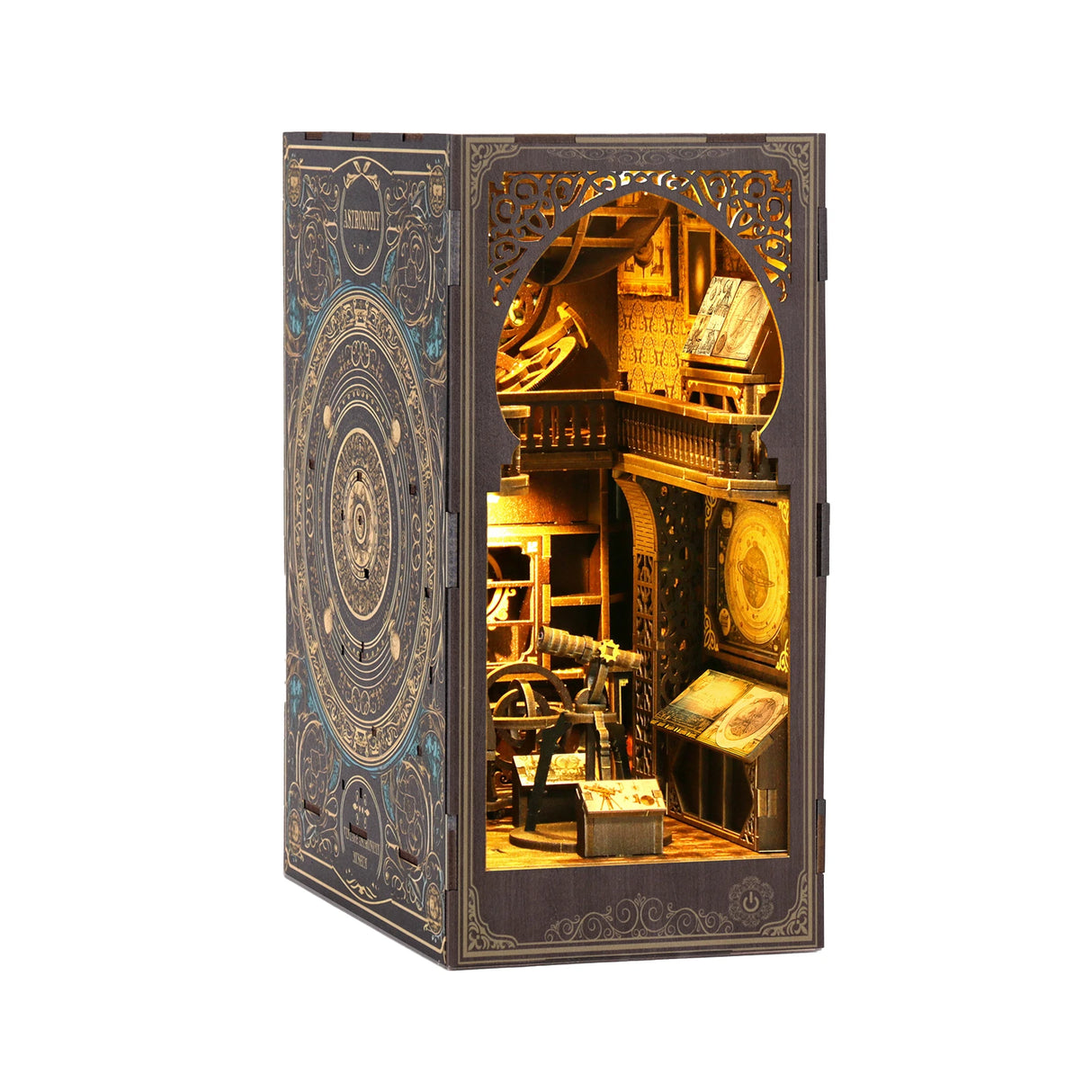 Miniatur-Bücherregal-Einsatz mit Astronomie-Thema und beleuchtetem Innenraum