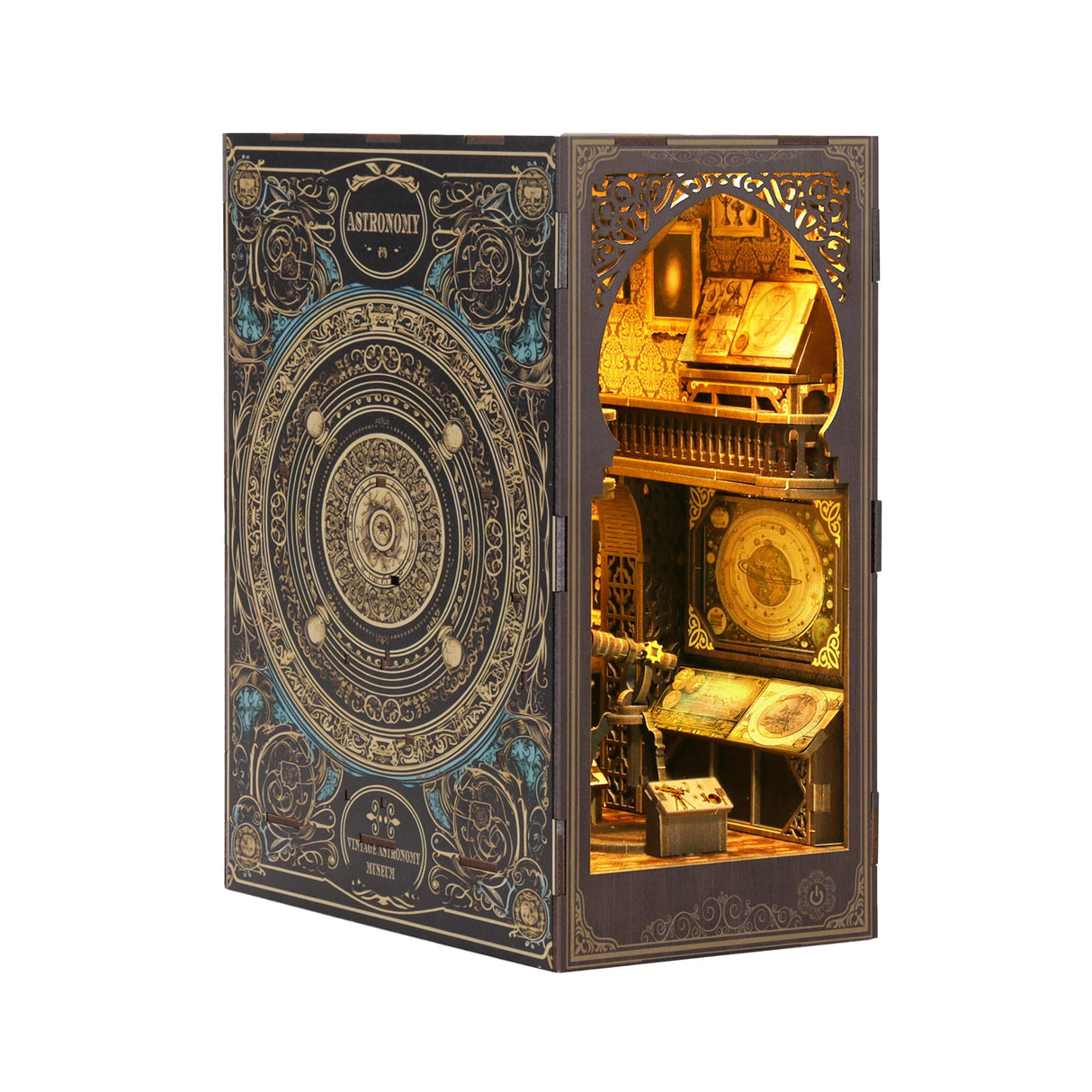 Holz-Bücherregal-Einsatz mit Astronomie-Thema und beleuchtetem Miniatur-Museumsinterieur