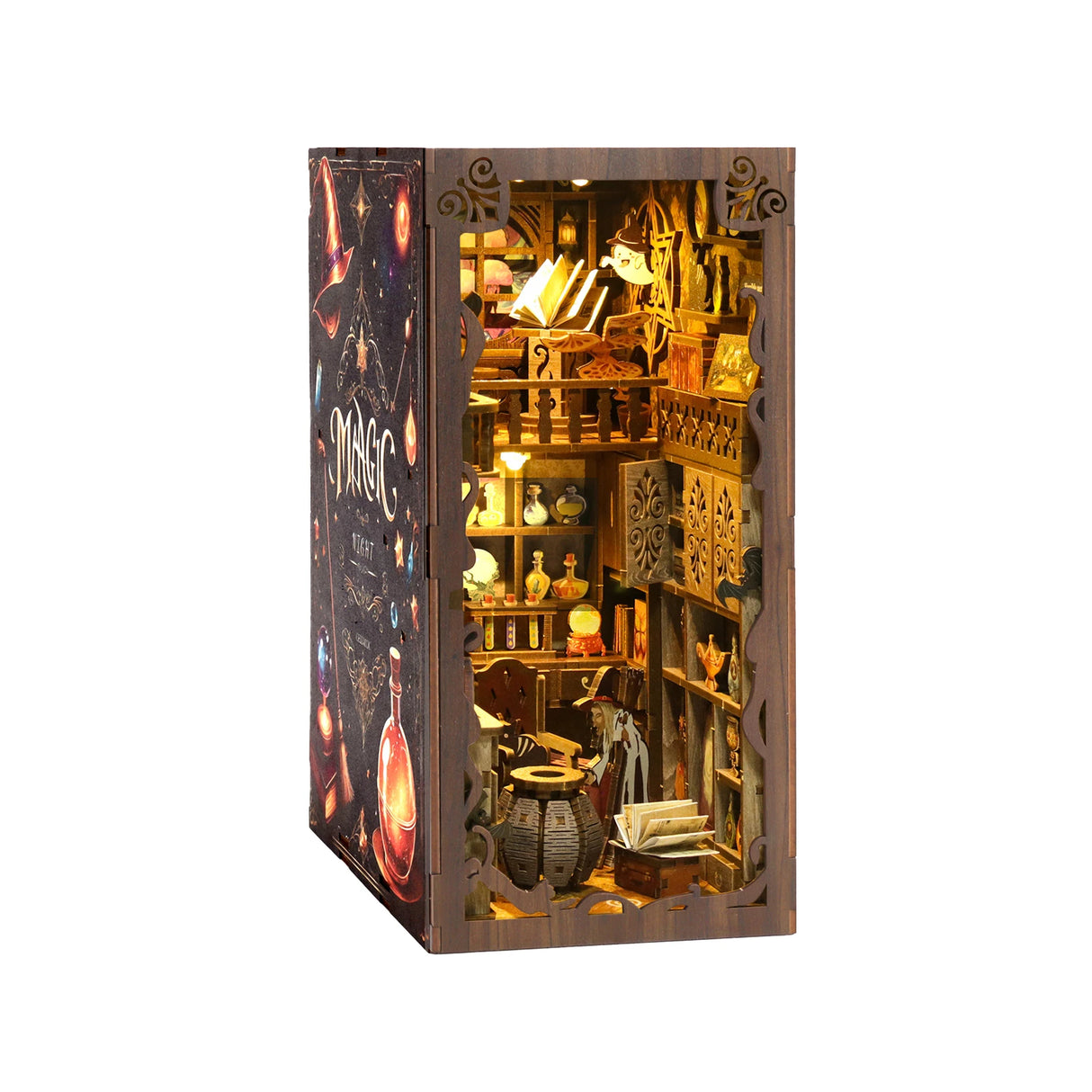 Miniatur-Bücherregal-Einsatz mit magischem Thema, beleuchtet, mit Flaschen, Büchern und einem Hexenhut