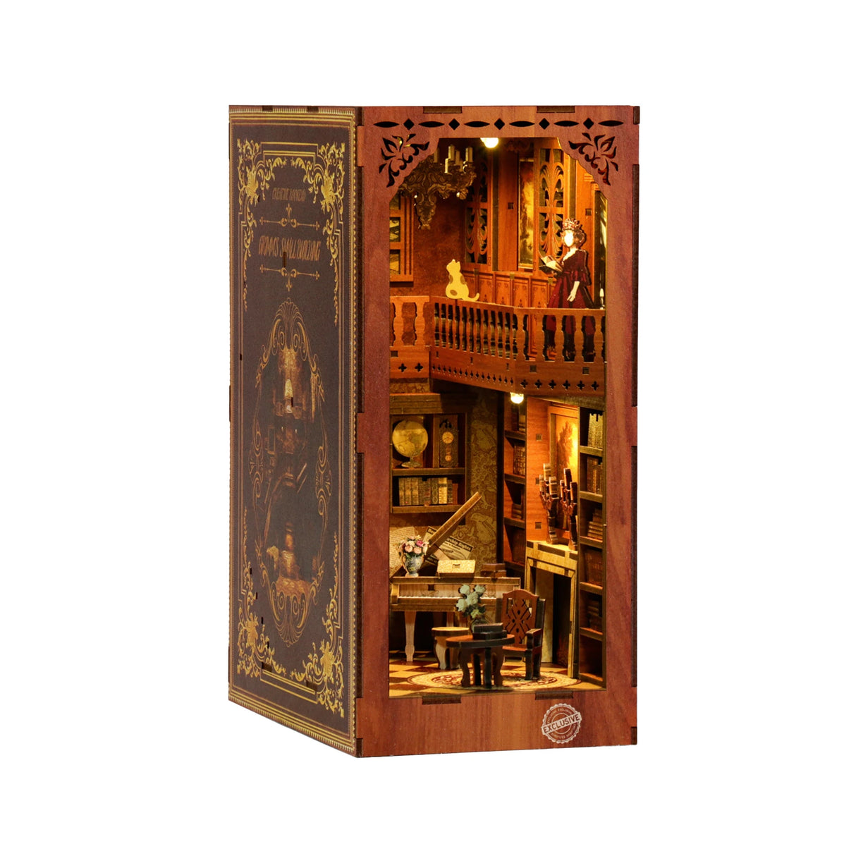 Miniatur-Bücherregal-Einsatz mit zwei Etagen, gefüllt mit Büchern, Möbeln und kleinen Figuren