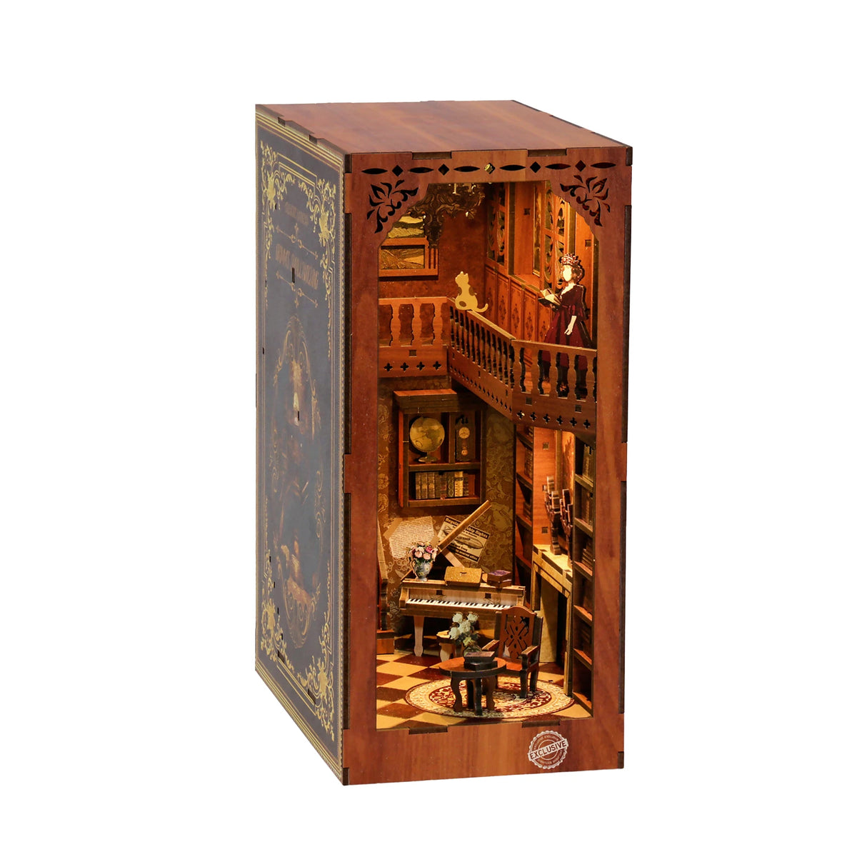 Miniatur-Bücherregal-Einsatz mit zwei Ebenen, Klavier, Stuhl, Tisch, Bücherregalen und einer Figur auf dem Balkon