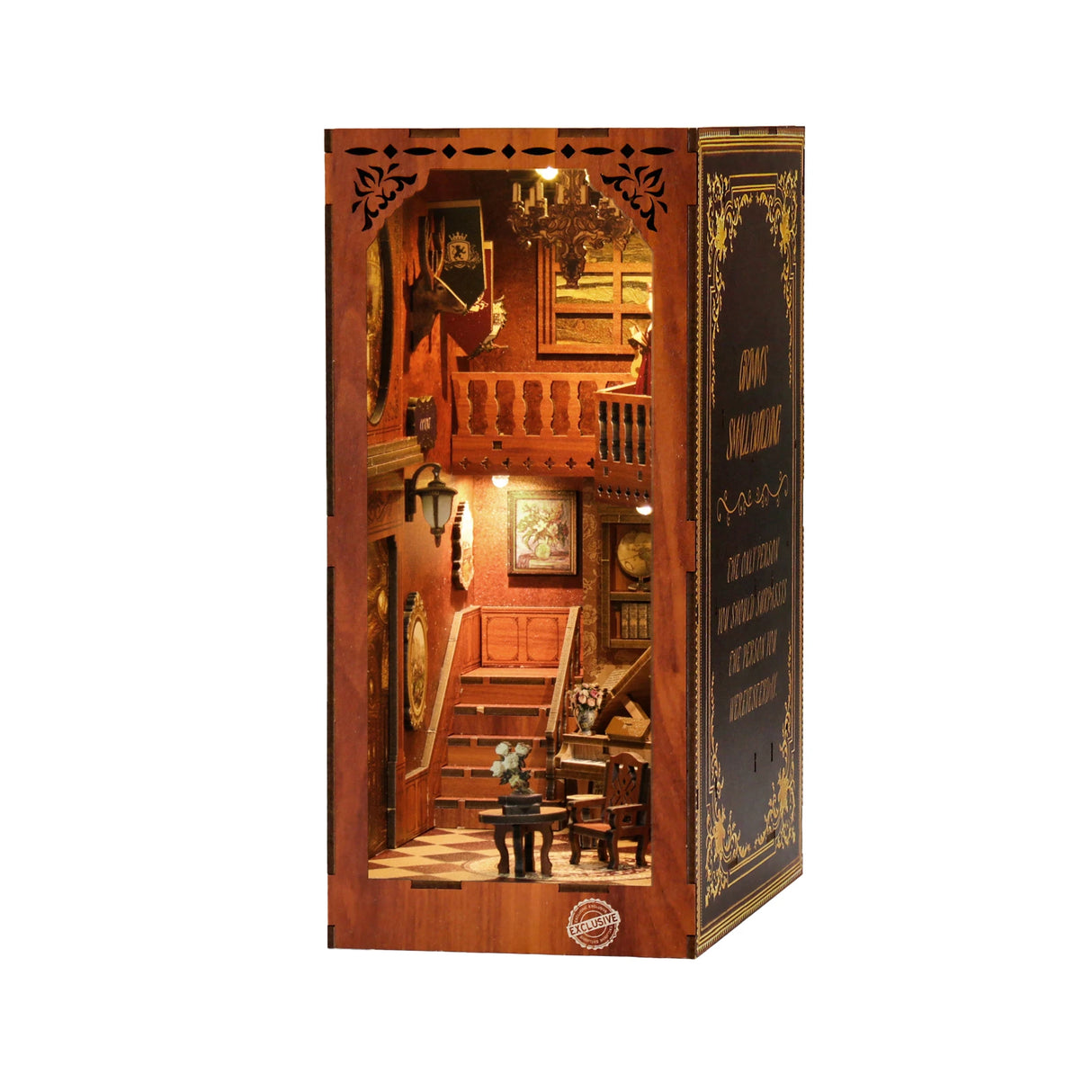 Miniatur-Bücherregal-Einsatz mit Treppe, Möbeln und Wanddekorationen