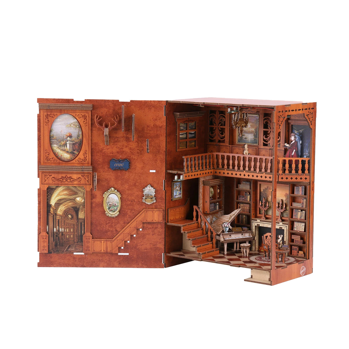 Miniatur-Puppenhaus-Bausatz aus Holz mit zwei Etagen, Treppen, Klavier, Kamin und Bücherregalen