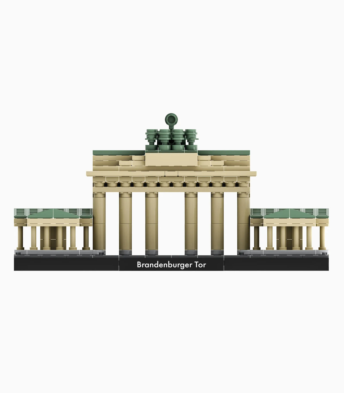 Brandenburger Tor aus Klemmbausteinen in der Frontansicht mit Säulen, Quadriga und Namensschild