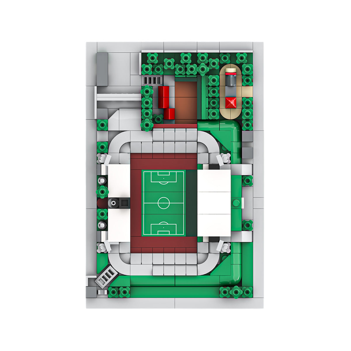 Miniatur-Stadionmodell mit Fußballfeld und Tribünen