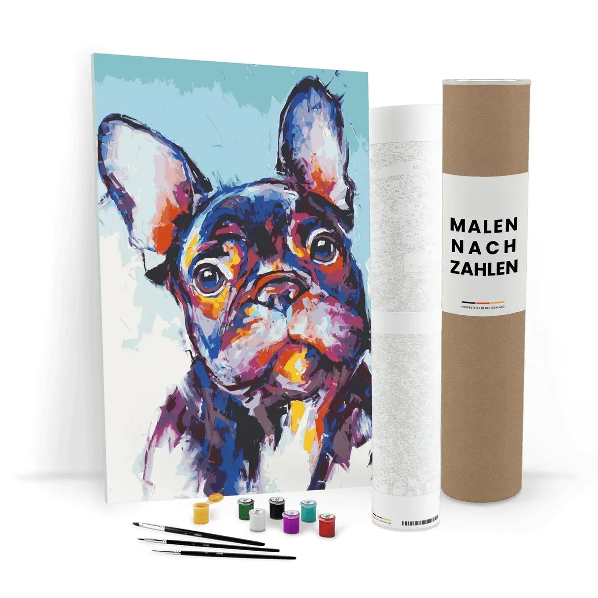 Malen nach Zahlen Set mit einem farbenfrohen Gemälde einer französischen Bulldogge, Pinseln und Farbtöpfen