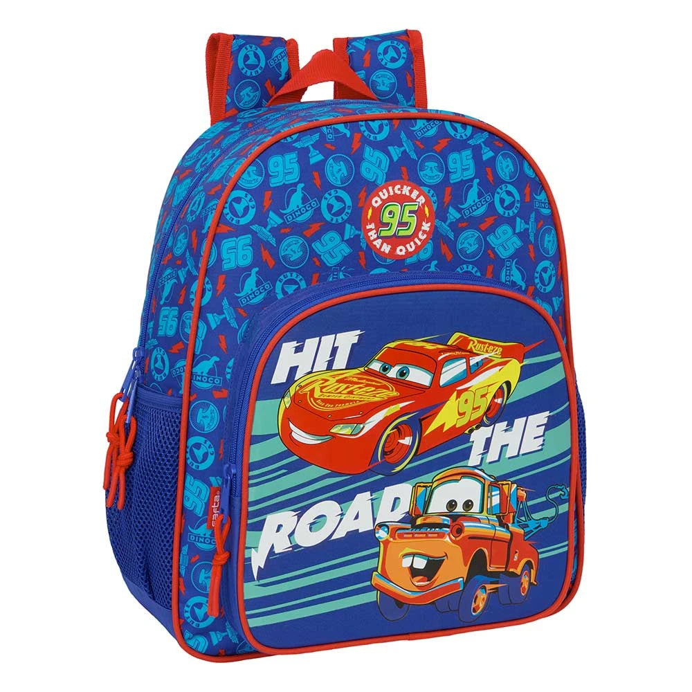 Blauer Rucksack mit Cars-Motiv, Lightning McQueen und Hook, Schriftzug Hit the Road