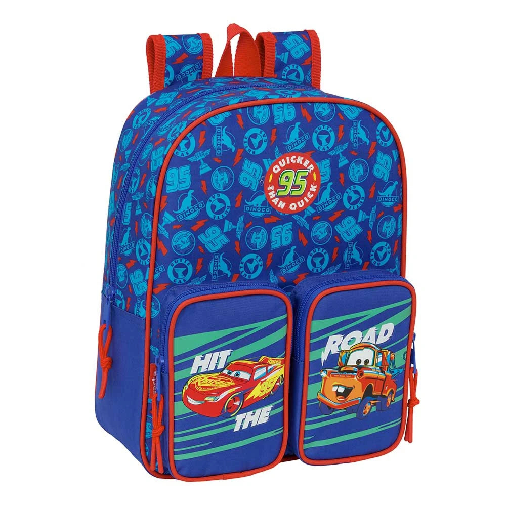 Blauer Rucksack mit Cars-Motiven, Lightning McQueen und Hook auf den Vordertaschen