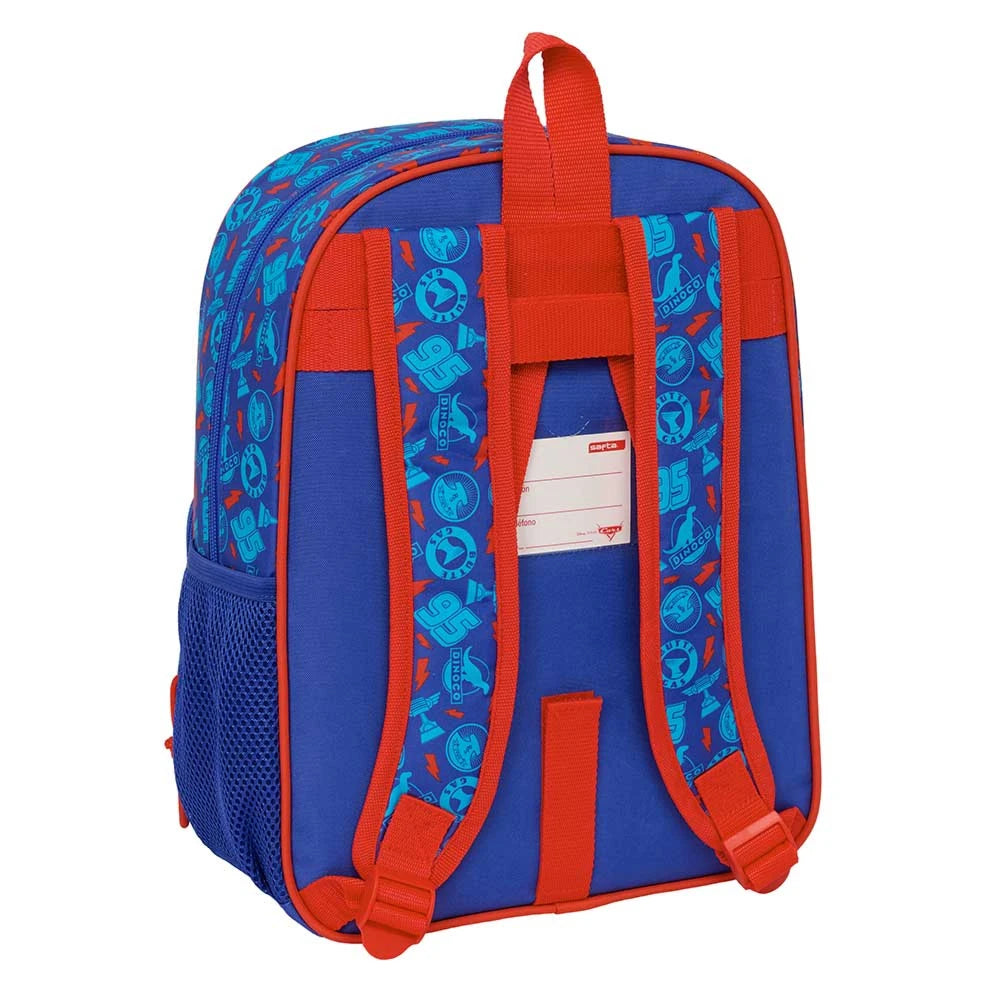 Blauer Rucksack mit roten Trägern und Cars-Motiven