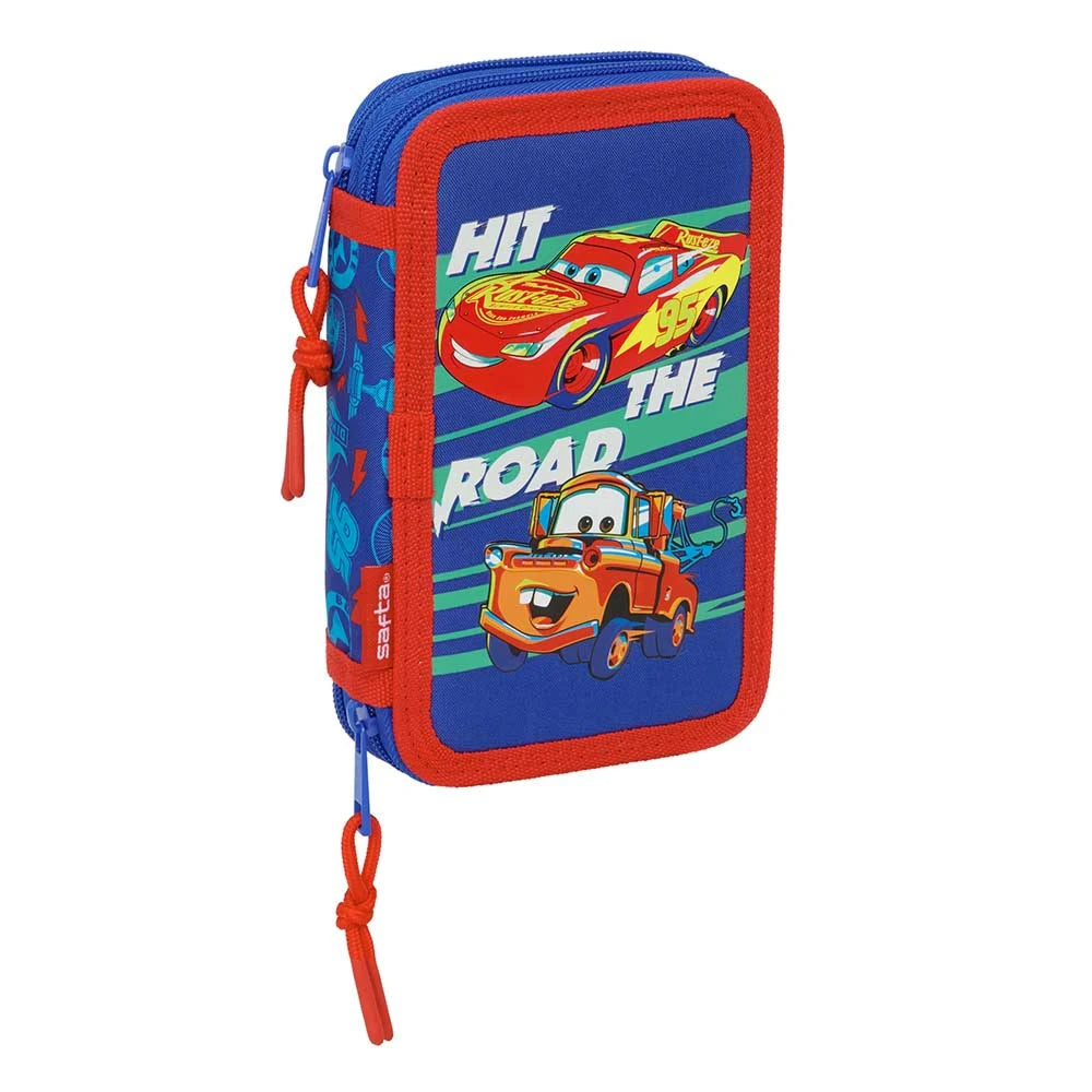 Blaues Federmäppchen mit roten Reißverschlüssen und Cars-Motiv von Lightning McQueen und Hook