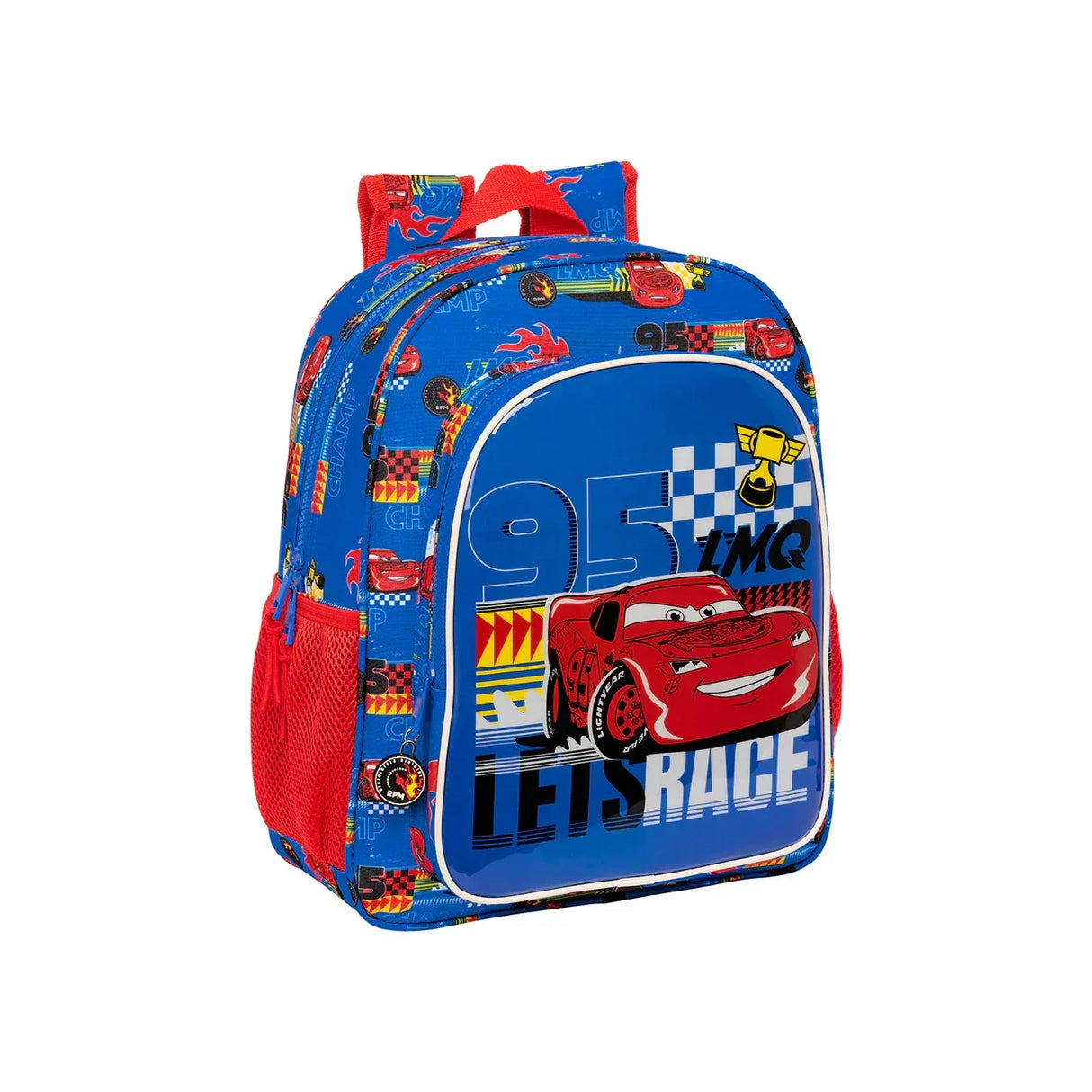 Blauer Kinderrucksack mit Cars Motiv und roter Netztasche
