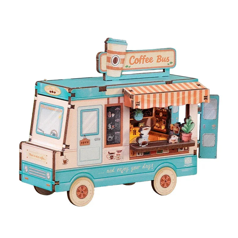 Miniatur-Kaffeebus-Modellbausatz mit Markise und Innendetails