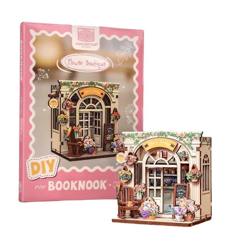 DIY Mini Booknook Blumenboutique mit Verpackung und zusammengebautem Modell
