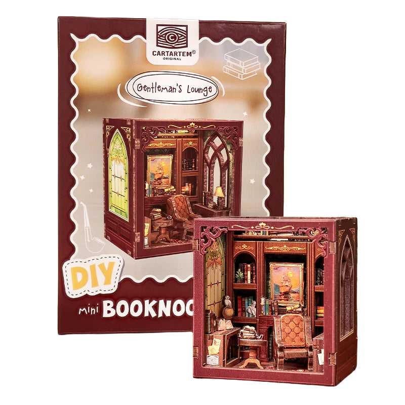 Miniatur-Bücherregal-Einsatz mit Gentleman's Lounge-Design und Verpackung