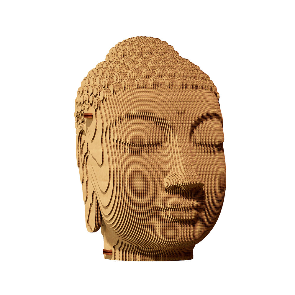 Buddha Kopf Skulptur aus geschichteter Wellpappe