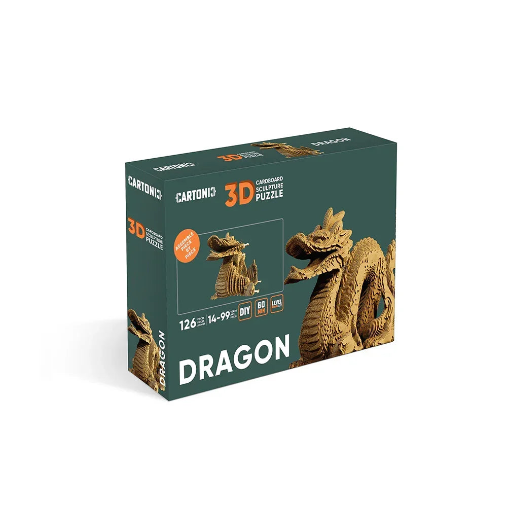 Verpackung eines 3D Pappdrachen Puzzles von Cartonis