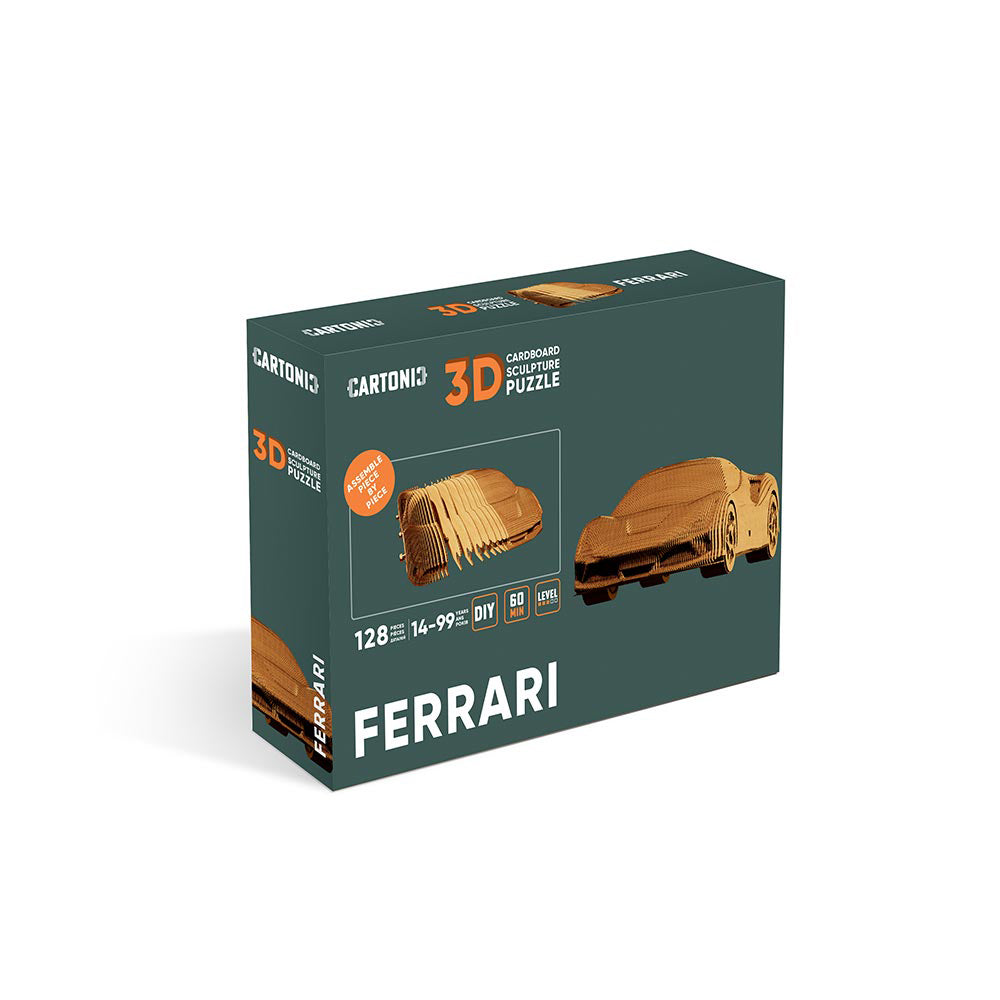 Verpackung eines 3D Pappmodell Puzzles von einem Ferrari Sportwagen