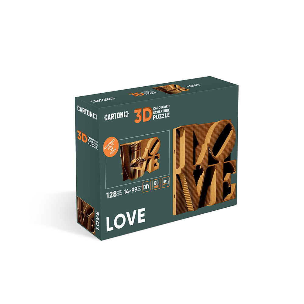 Verpackung eines 3D Papp Puzzles mit dem Schriftzug LOVE