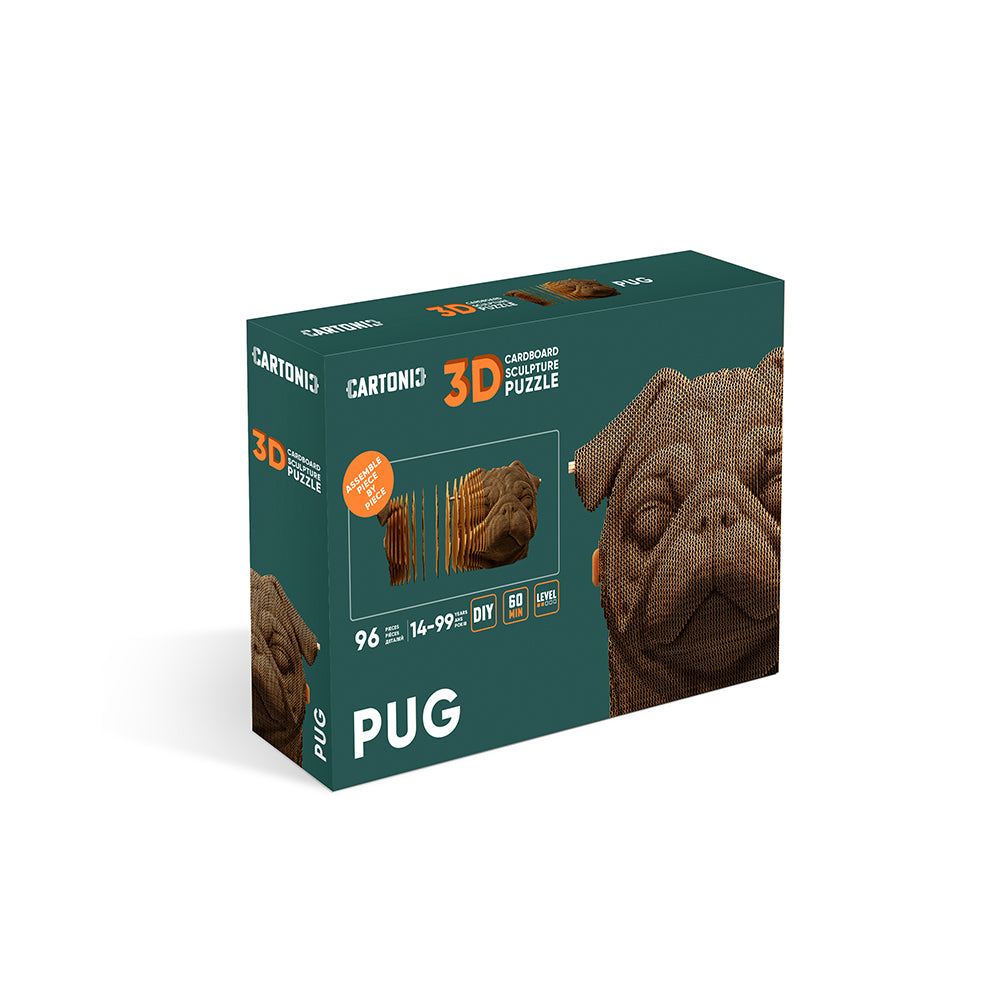 Verpackung eines 3D Papp Puzzles in Form eines Mops Kopfes