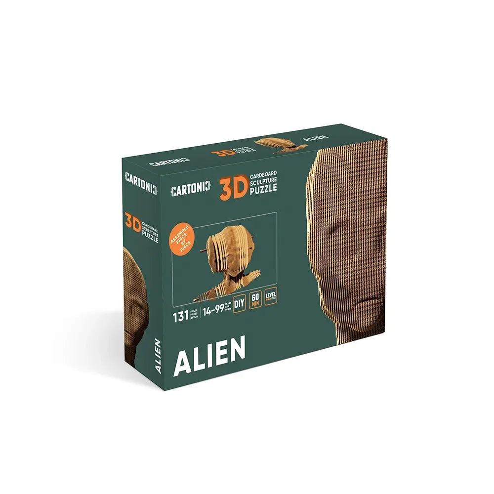 Verpackung eines 3D Papp Puzzles in Form eines Alien Kopfes