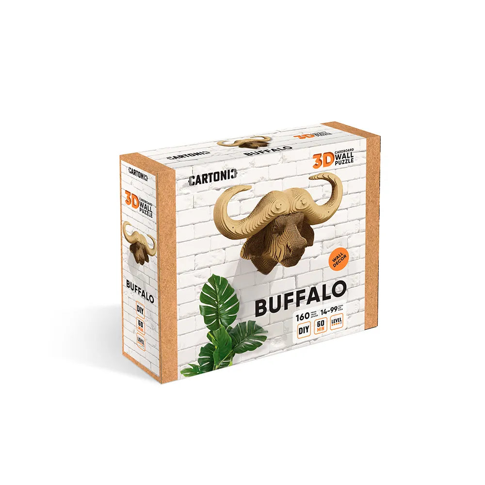 Verpackung eines 3D Wandpuzzles aus Pappe in Form eines Büffelkopfes