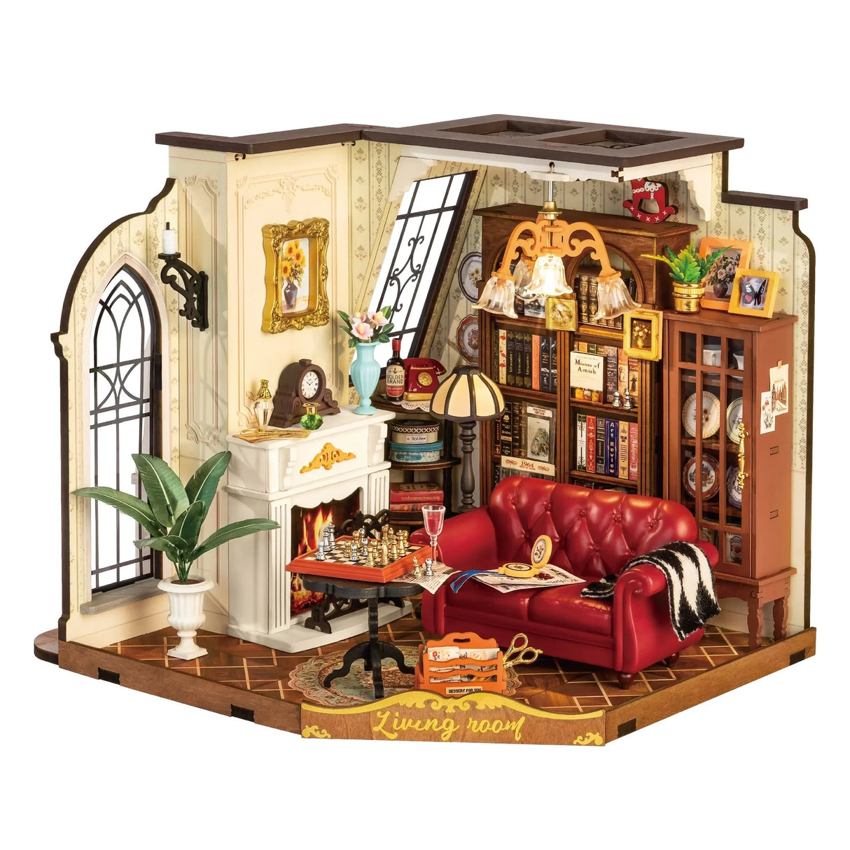 Miniatur-Wohnzimmer-Set mit rotem Sofa, Kamin, Bücherregal und Schachbrett