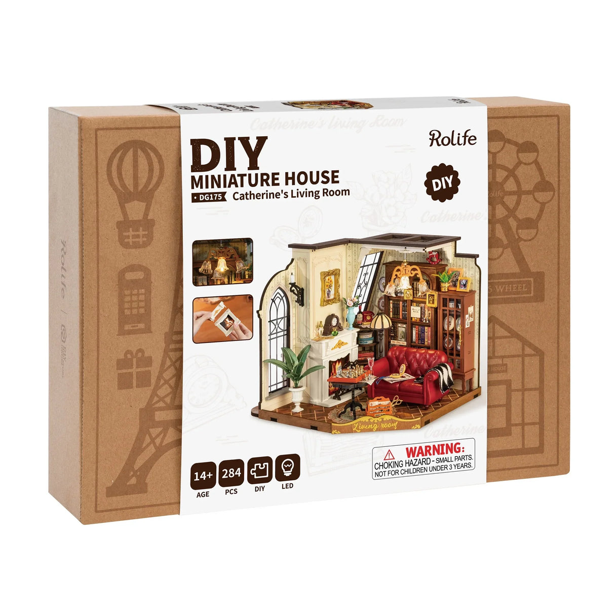 Rolife DIY Miniaturhaus Catherine's Wohnzimmer Bausatz auf brauner Box