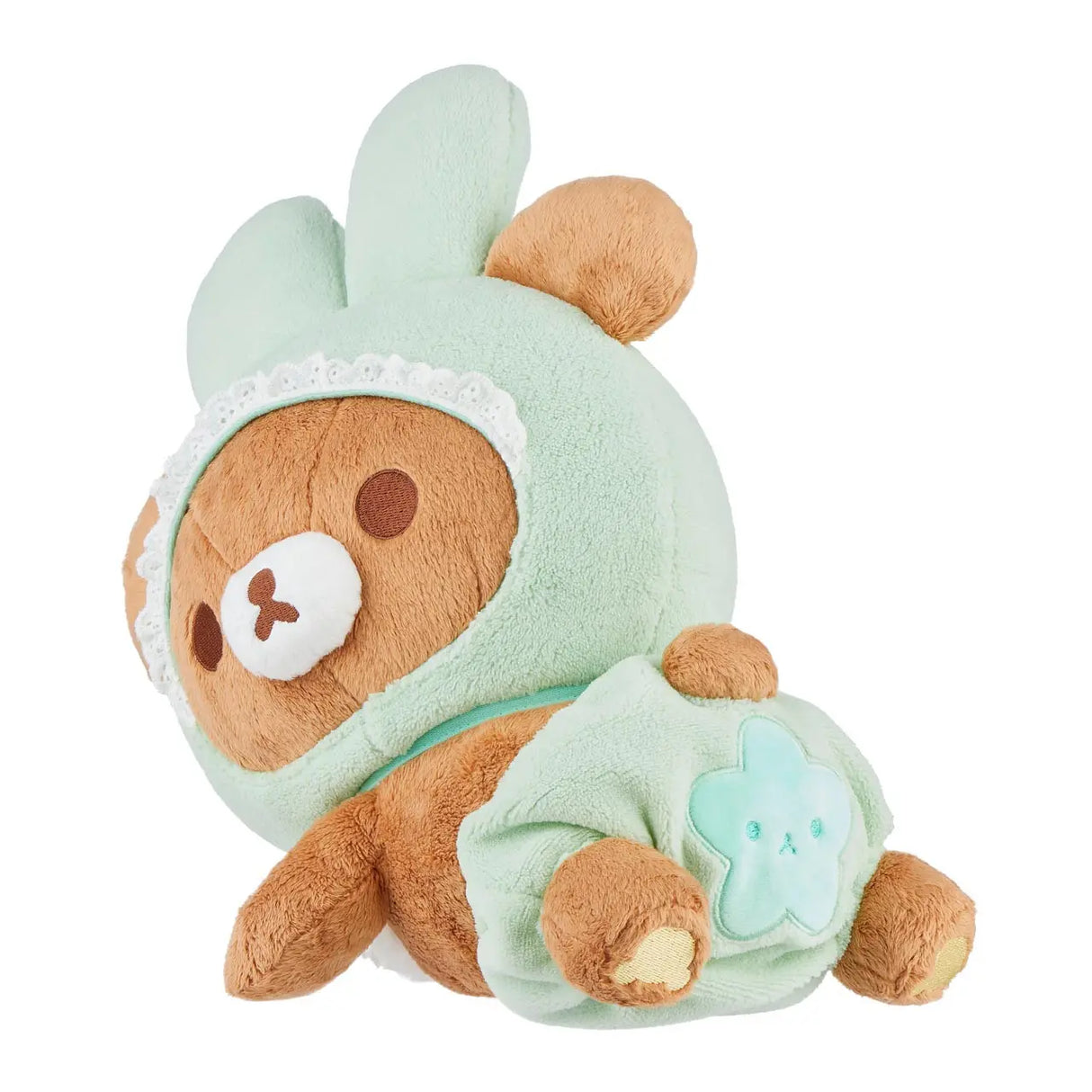 Rilakkuma Plüschtier in mintgrünem Hasen-Outfit mit Stern auf der Rückseite