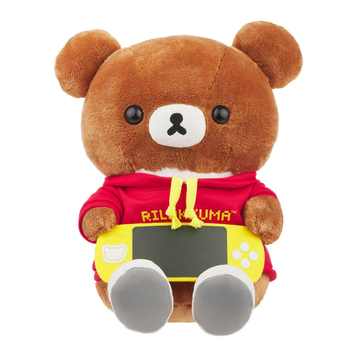 Rilakkuma Plüschtier in rotem Hoodie mit gelbem Handheld-Videospiel
