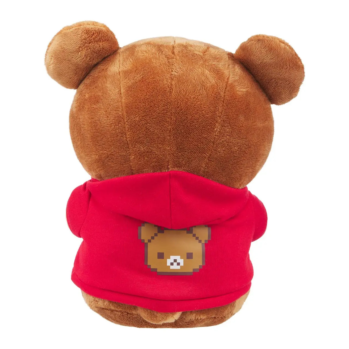 Brauner Plüschbär mit rotem Kapuzenpullover und Pixel-Bärengesicht auf dem Rücken